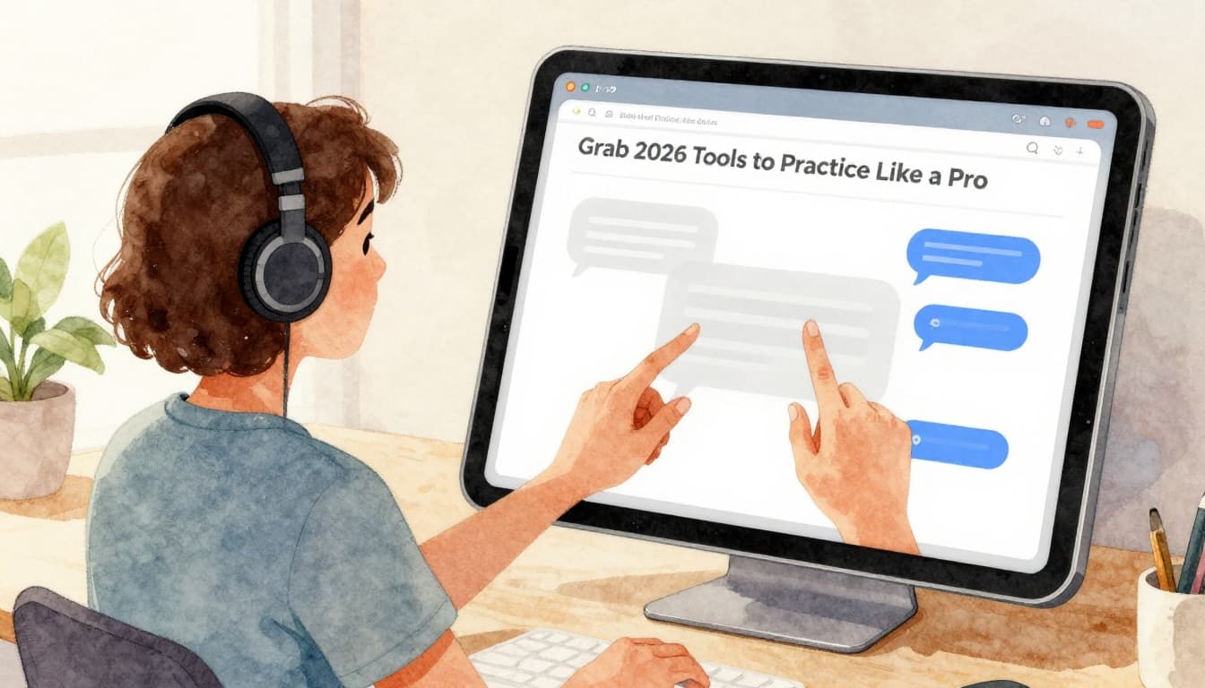 Confident person in home office using tablet app for virtual practice session, headphones on, screen with vague speech bubble icons, watercolor style with soft blending and warm lamp light.