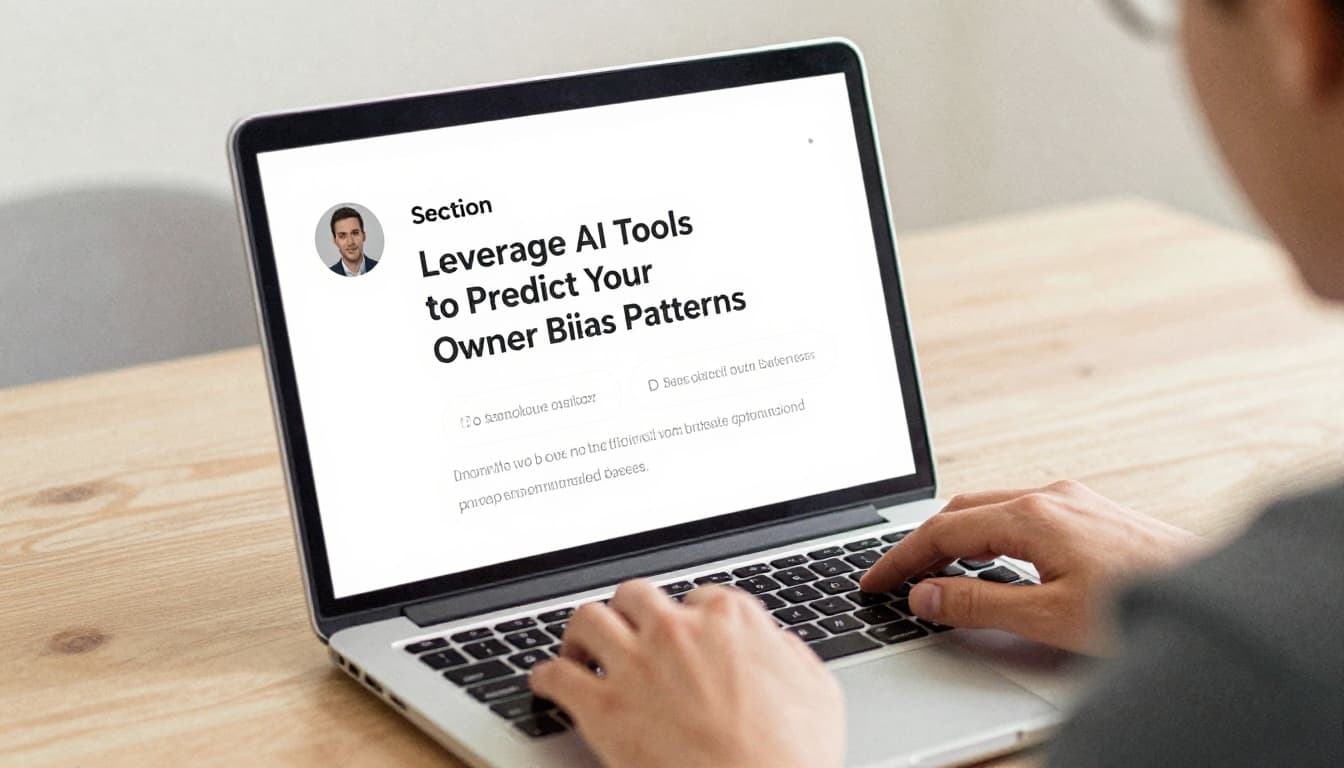 Watercolor-style illustration of a thoughtful person with hands on keyboard, interacting with a blurred AI chat on an angled laptop screen to check a bias prompt, in a desk setting with soft overhead lighting and neutral background.