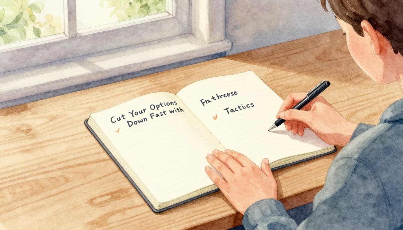 A focused person sits at a wooden desk with a notepad displaying pros and cons columns, pen nearby, in a cozy watercolor-style room with natural light.