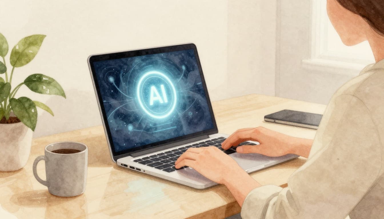 A person relaxes at a cozy home desk with a laptop showing a glowing AI assistant icon, hands near a coffee mug, plants in the room, watercolor style with soft blending.