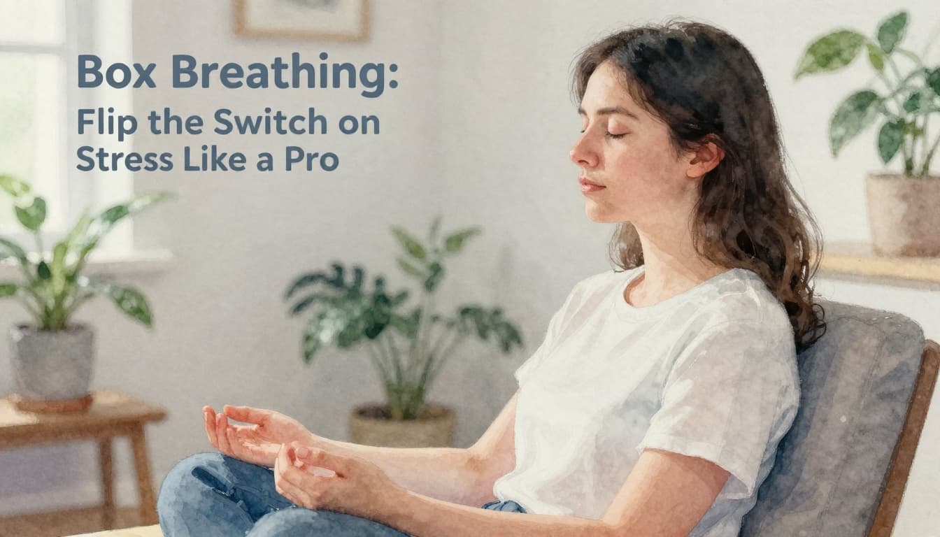 A serene person practices box breathing in a comfortable chair, eyes closed, hands relaxed on lap, in a soft room with plants, captured in watercolor style with cool pastel tones and side view.