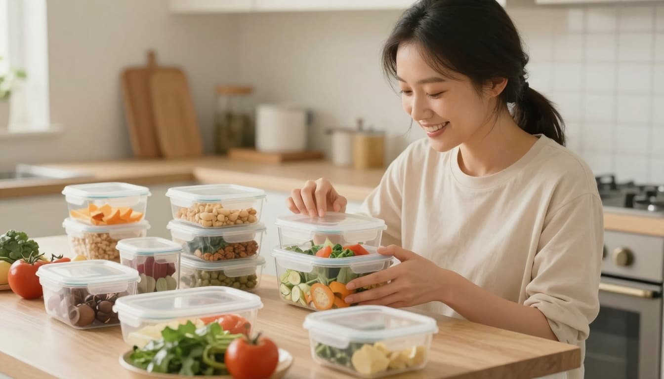 A person with a relaxed smile organizes weekly meal containers with basic ingredients like vegetables, fruits, and grains in a bright kitchen, rendered in watercolor style with soft blending, warm pastel tones, and soft morning light.