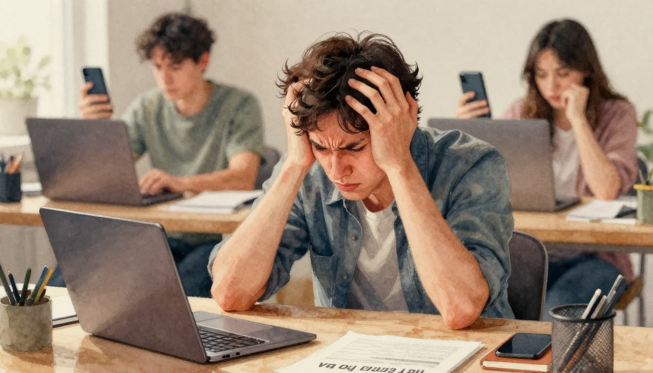 A person at a cluttered desk overwhelmed by phone notifications and glowing screens, showing stress with tight shoulders and furrowed brow, in watercolor style with warm muted tones.