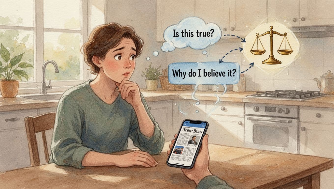 A thoughtful adult at a sunny kitchen table ponders a news article on their smartphone, with a faint thought bubble chain questioning truth and belief, revealing a bias icon like an unbalanced scale, in cozy watercolor style.
