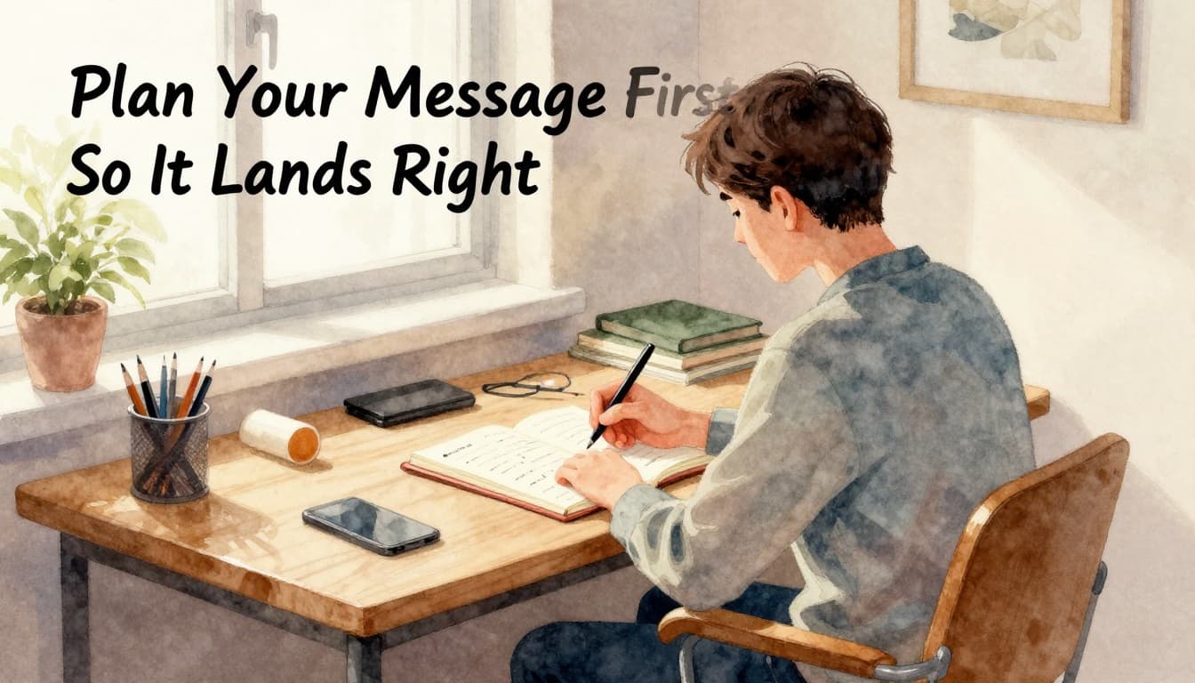 A person sitting at a wooden desk in a cozy office, pausing to think with pen in hand over an open notebook with bullet points, soft natural light from window, in watercolor style with blending and brush texture.