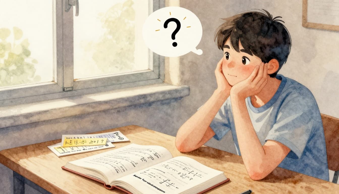 A young adult student at a cozy desk with open math textbook and language flashcards pauses thoughtfully, chin on hand, with a faint ethereal thought bubble showing a question mark and lightbulb, rendered in watercolor style with warm window light.