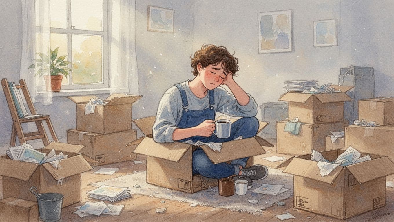 Watercolor scene of one exhausted person unpacking boxes in a cluttered new home, holding a coffee mug, bathed in soft afternoon light with visible brush textures.