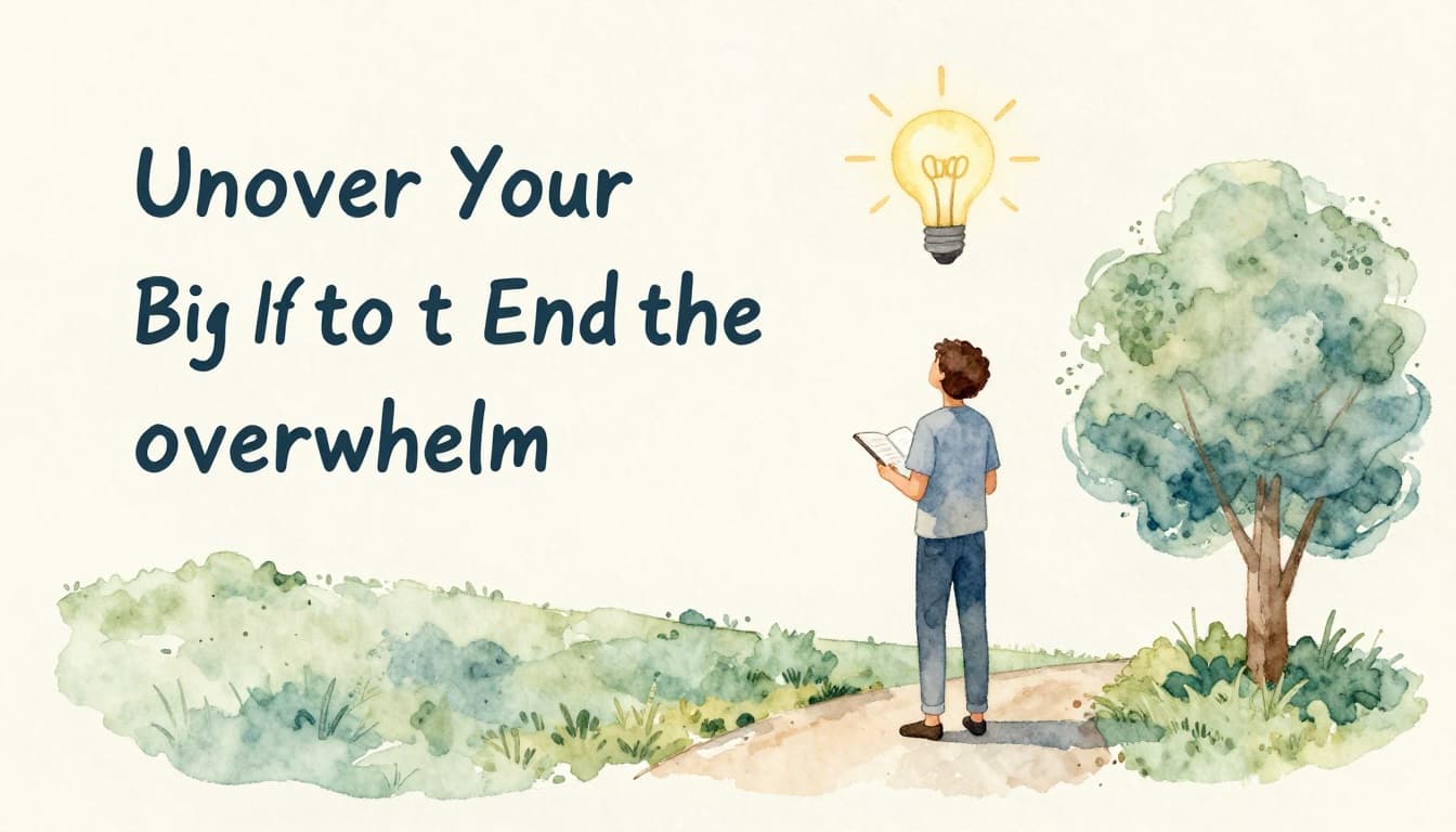 One person standing on a path with a notebook, looking inspired with a faint light bulb symbol overhead, representing the moment of uncovering personal why for a goal. Watercolor style with soft blending, visible brush texture, neutral beige background, pastel blue-green palette.