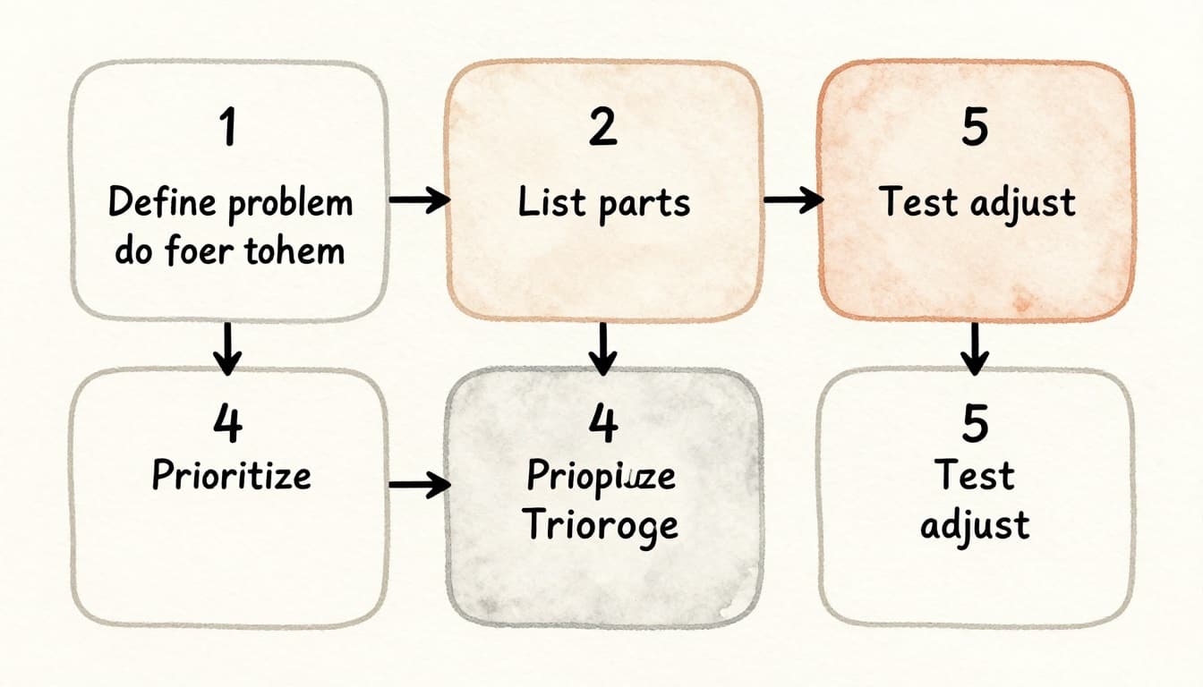 Simple watercolor flowchart with five connected boxes illustrating steps to break down a problem: 1. define, 2. list parts, 3. chop tasks, 4. prioritize, 5. test adjust, featuring soft blending, brush texture, and light neutral background.