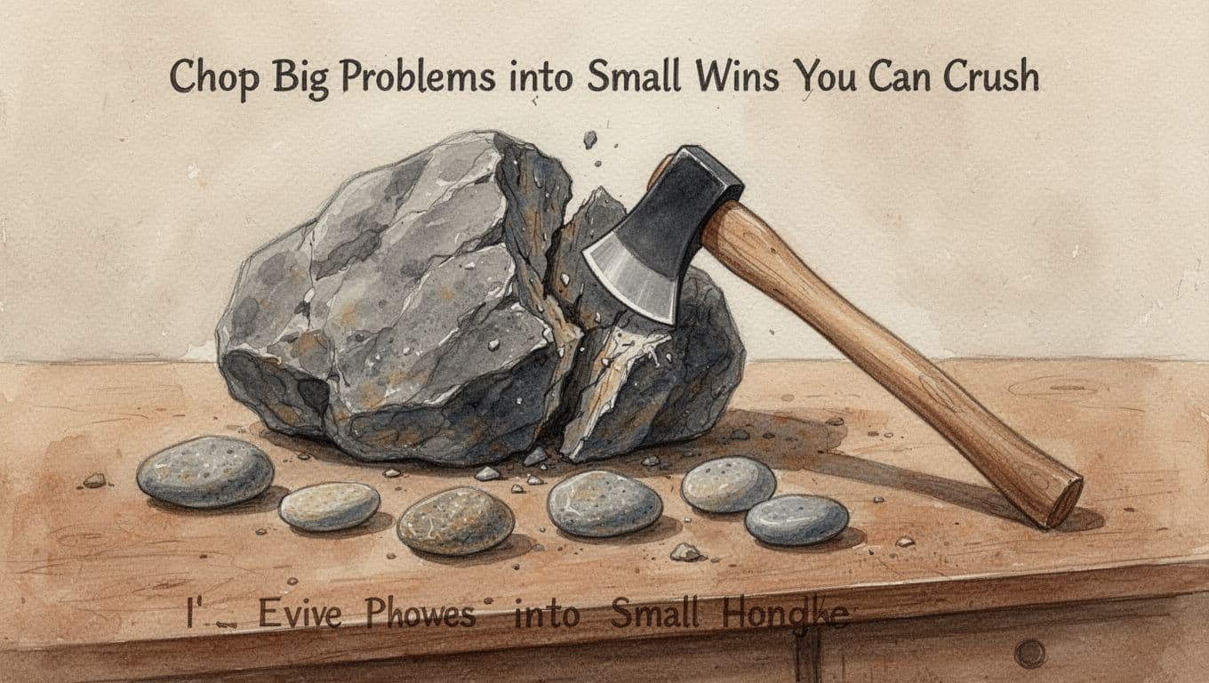 Watercolor painting of a large rough gray boulder freshly split by an axe into five small smooth pebbles scattered around, with the axe resting on a textured wooden desk surface under soft natural warm overhead light.