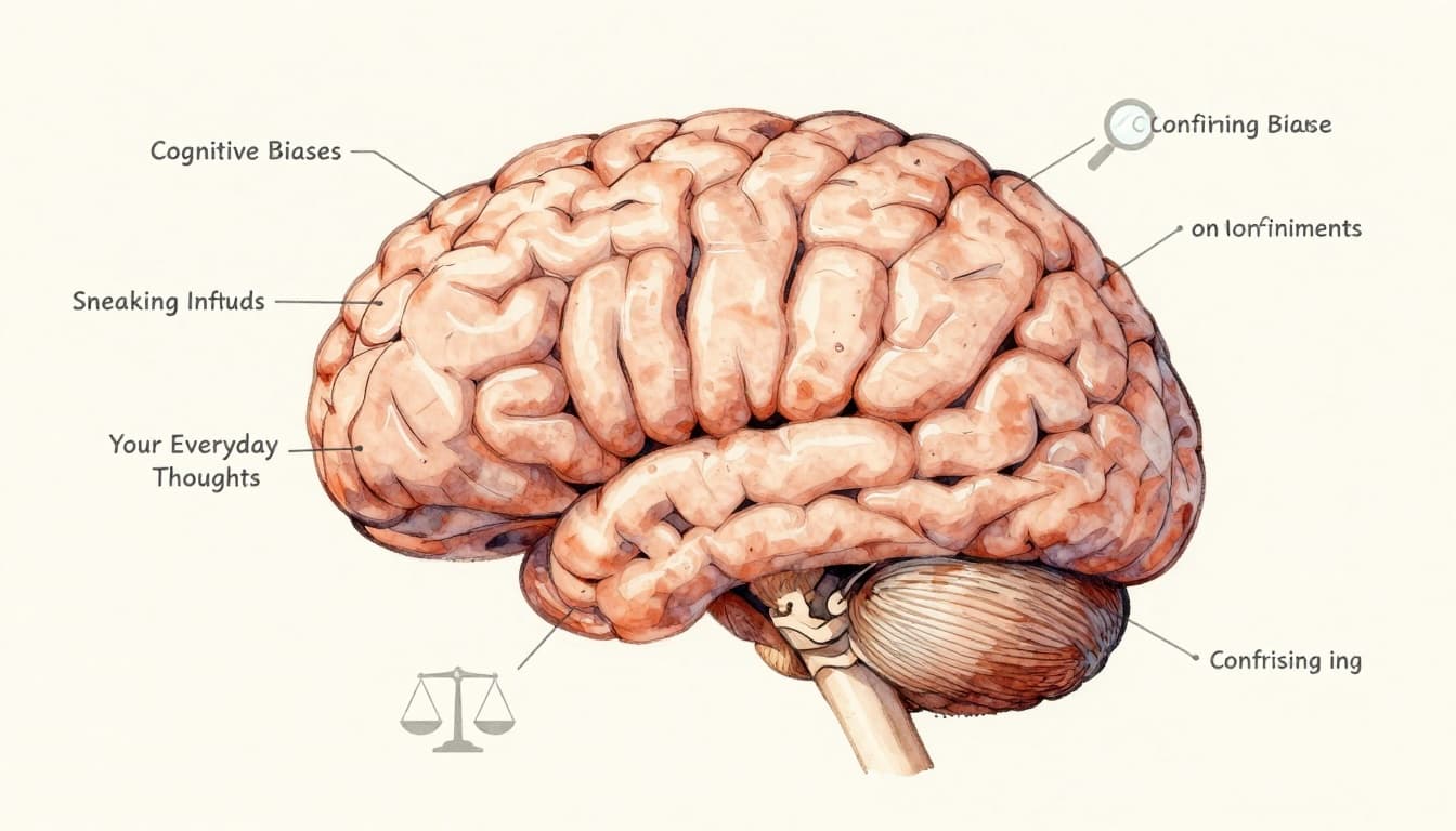 A human brain illustrated in watercolor style with soft blending, brush texture, and subtle icons for biases like confirmation magnifying glass, loss scale, and overconfident figure on a neutral background.