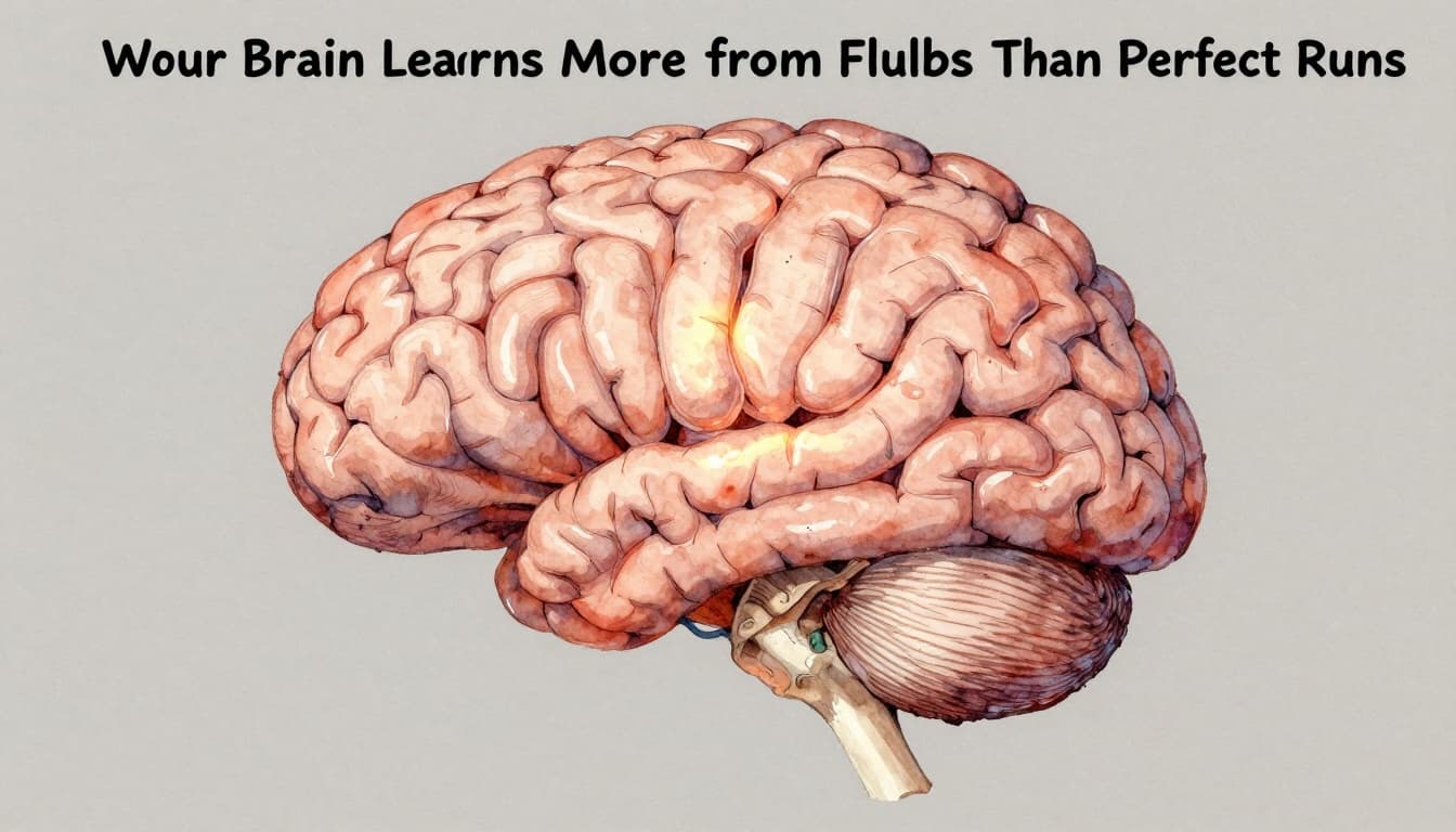 Human brain in watercolor style with soft blending, brush texture, and one softly glowing region for error processing, on a neutral background.
