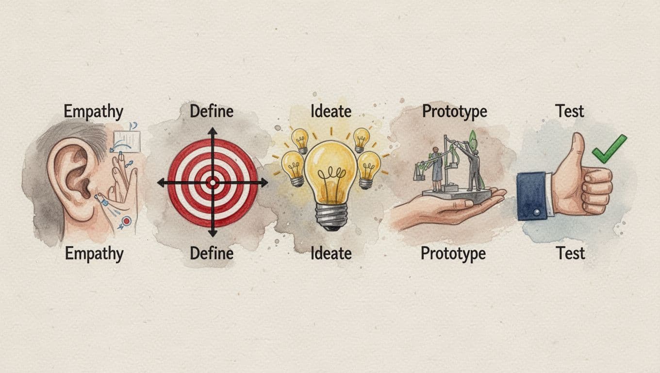Horizontal watercolor illustration of five simple icons flowing left to right representing Design Thinking steps: empathy as a listening ear, define as a bullseye target, ideate as multiple lightbulbs, prototype as a hand holding a model, and test as a thumbs up checkmark. Soft earth tones on a neutral beige background with visible brush texture and soft blending.