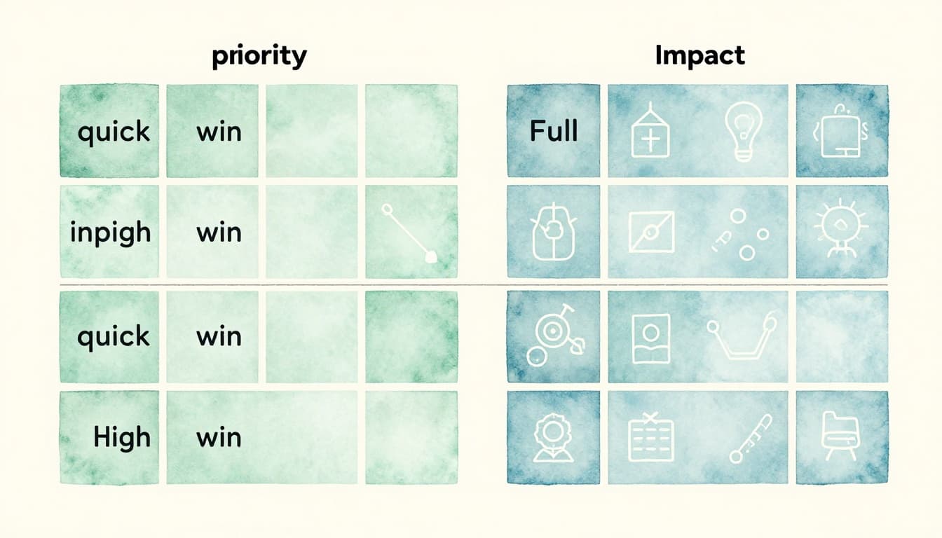 A 2x2 priority matrix grid with high/low effort on the vertical axis and high/low impact on the horizontal axis, featuring example icons in quadrants like quick wins for high impact low effort. Watercolor style with soft blending, visible brush texture, neutral beige background, medium line weight, and pastel blue-green palette.