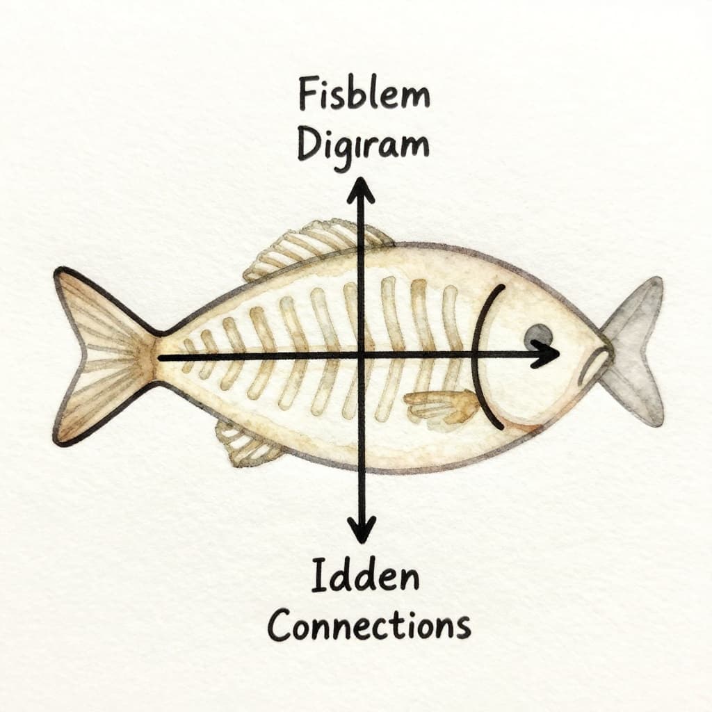 Watercolor illustration of a fishbone diagram for problem solving, with the head at the right showing the problem effect, main bone extending left, and four category bones for people, machines, methods, and materials. Features soft blending, visible brush texture on a light background, square aspect with no text, labels, or extra elements.