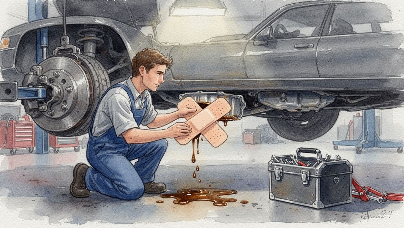 Watercolor illustration of a mechanic kneeling in a garage beside a car, applying a large band-aid to a leaking oil pan with oil drops on the ground and toolbox nearby.
