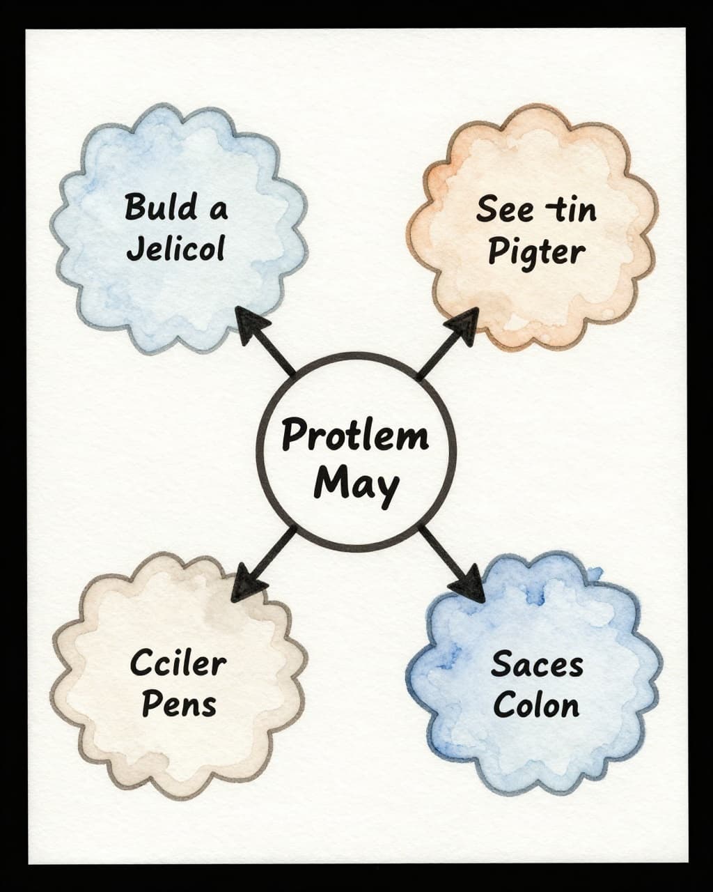 Watercolor-style mind map centered on a central problem node with four branching sub-nodes, each splitting into two tiny tasks, featuring soft blending, visible brush texture, simple lines on a light background, portrait aspect, no text or people.