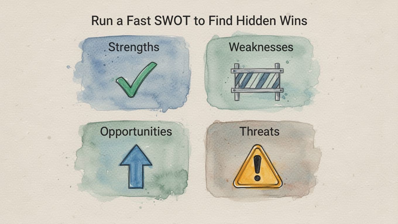 Four quadrants SWOT analysis layout featuring simple icons for Strengths (checkmark), Weaknesses (barrier), Opportunities (arrow up), and Threats (warning) in watercolor style with soft blending, brush texture, neutral beige background, and pastel blue-green palette. Clean, centered, landscape design with no text or people.