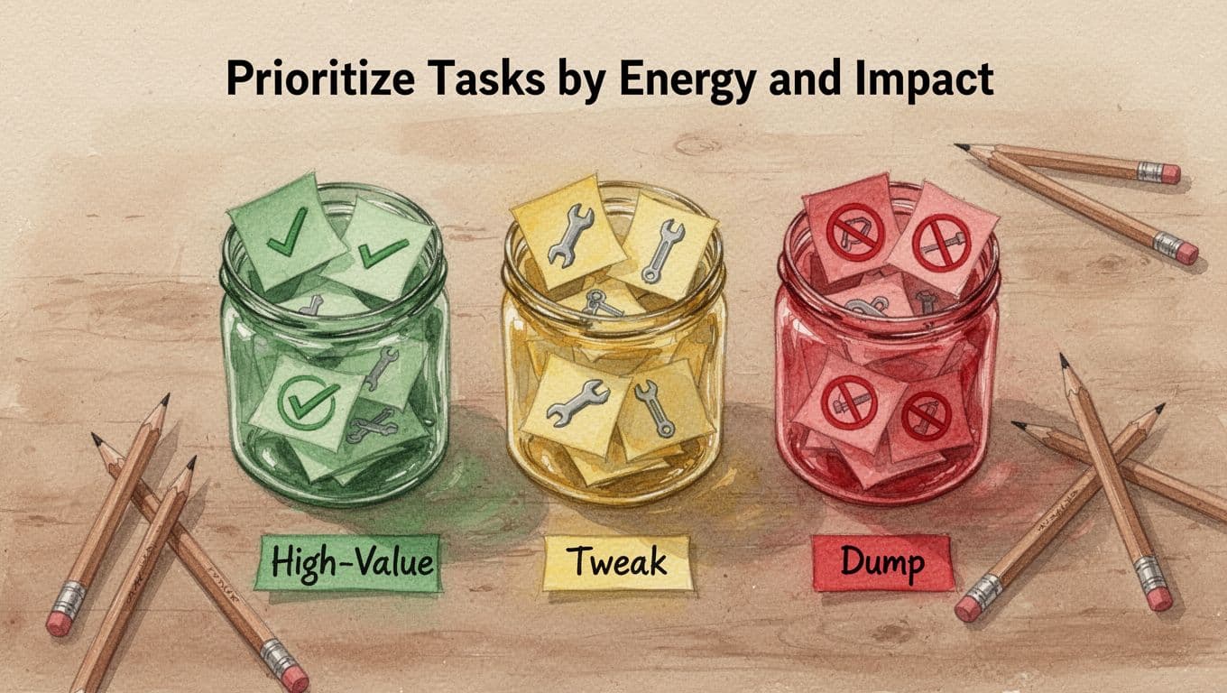 Top-down watercolor illustration on a wooden desk featuring small paper notes sorted into three clear jars tinted green, yellow, and red: green with check icons, yellow with wrench icons, red with crossed-out icons, scattered pencils nearby, in soft earth tones.