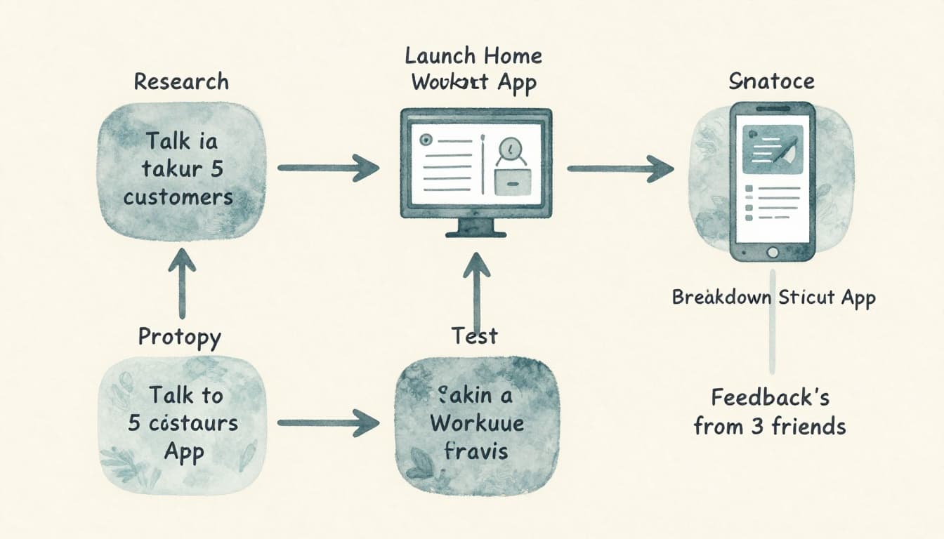 Watercolor-style tree diagram breaking down a project goal like 'Launch Home Workout App' into branches for research, prototype, and test tasks, with soft blending, brush texture, pastel blue-green palette on neutral beige background.