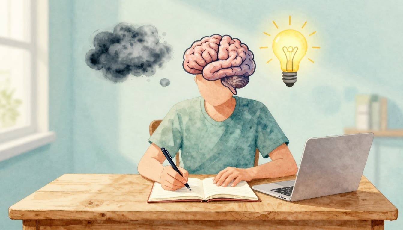 A single person sits at a wooden desk in a cozy sunlit room, writing in an open notebook with a pen, while a brain icon above transitions from dark cloudy fog on the left to a bright clear light bulb on the right, in watercolor style.